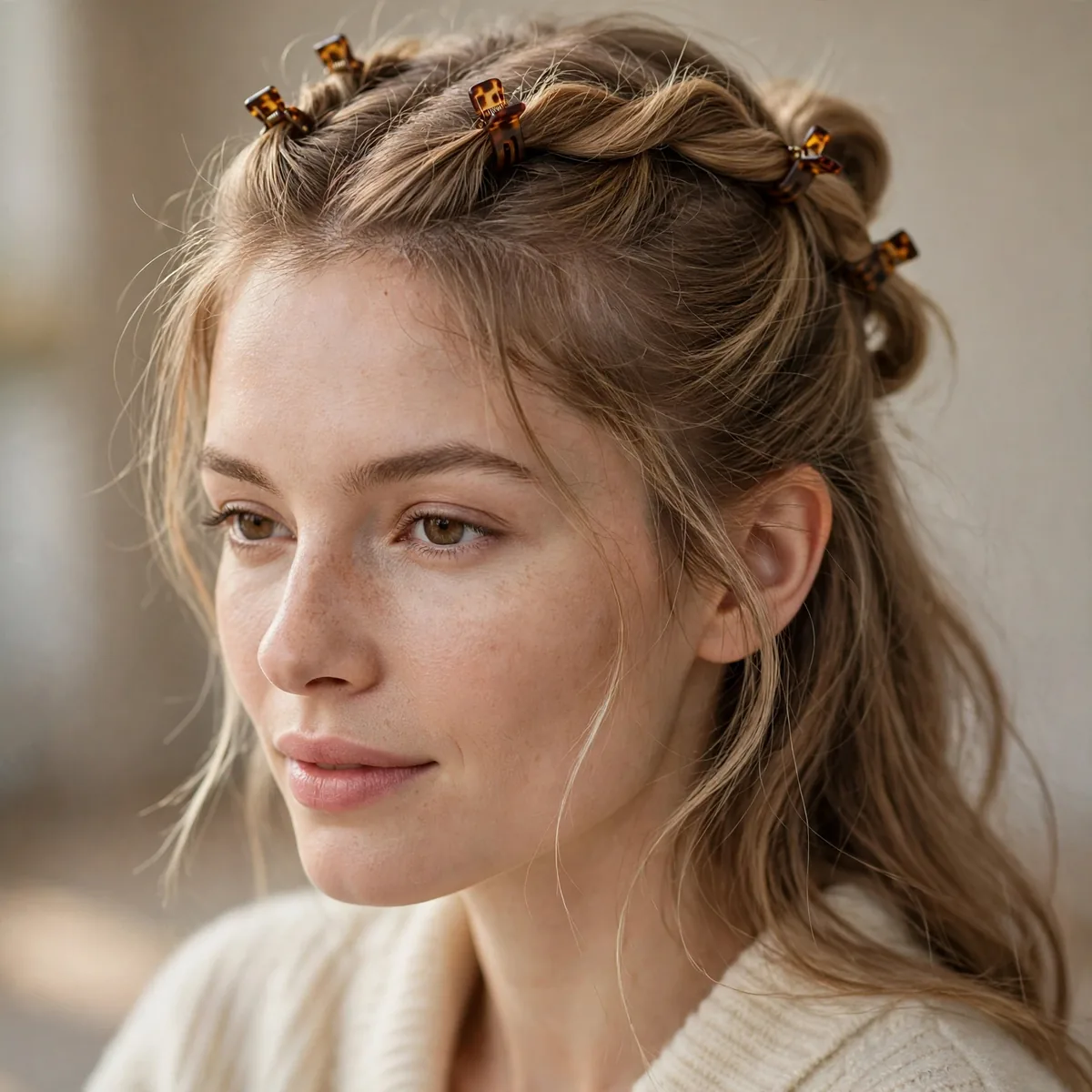 Woman with fine hair in a twisted half-up style with mini claw clips