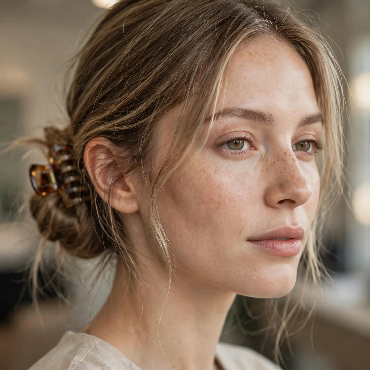 Woman with fine hair in a low side bun held by a claw clip
