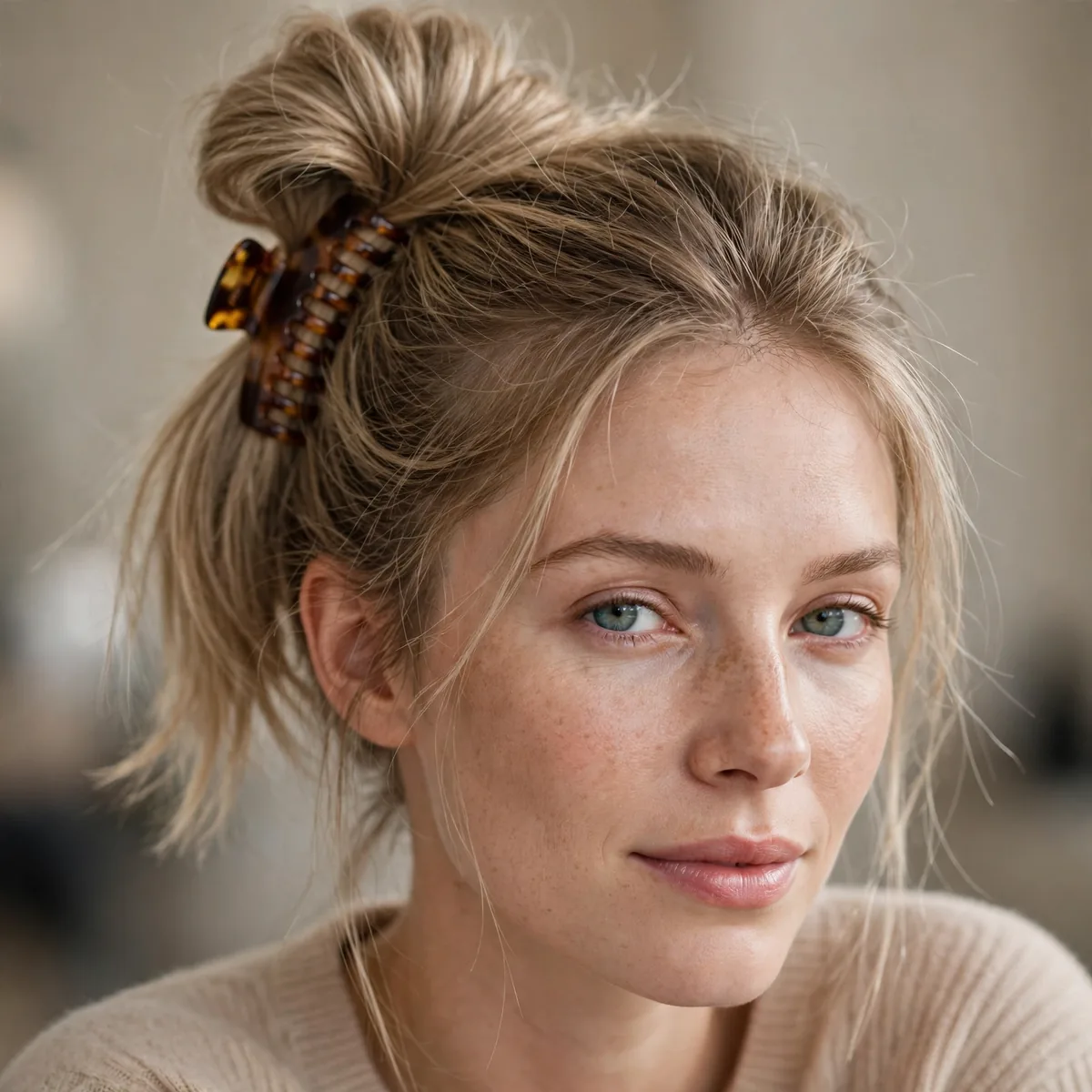 Woman with fine hair in a pouf ponytail secured with a claw clip