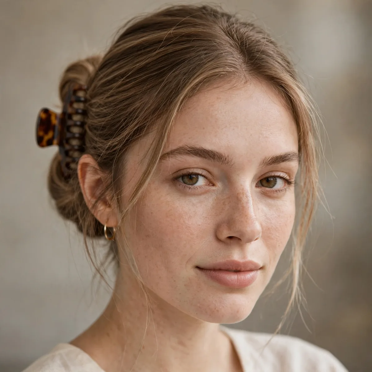 Woman with fine hair in a Gibson tuck secured with a claw clip