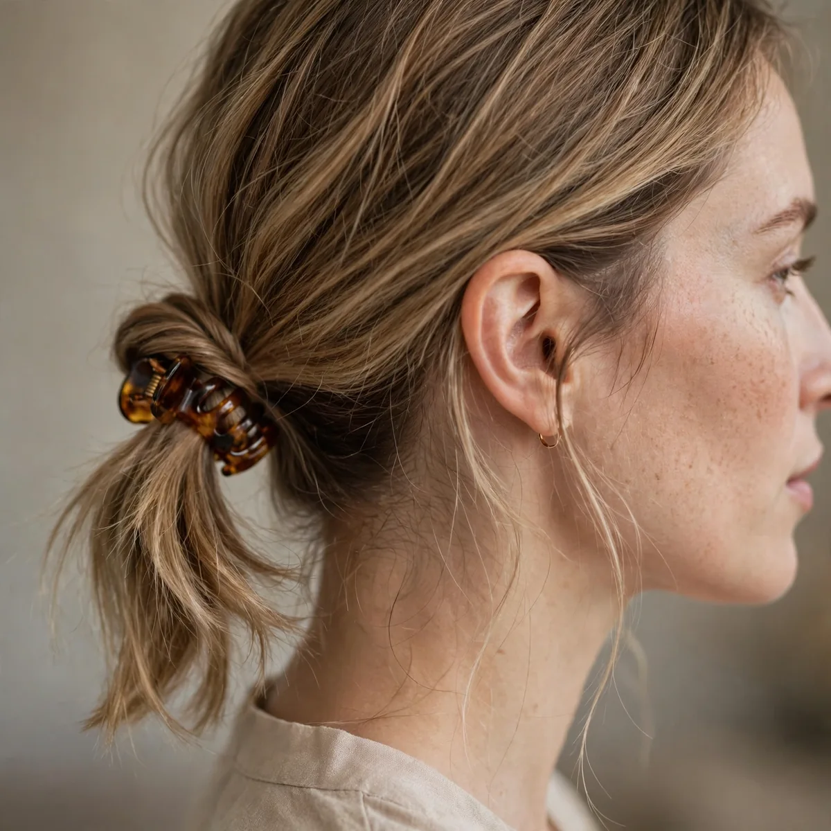 Woman with fine hair in a knotted low ponytail with a claw clip