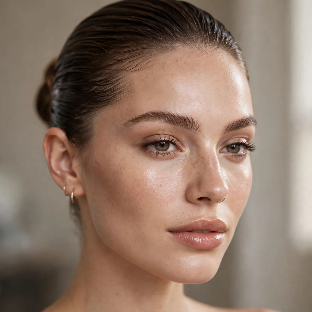 Slicked bun with clean girl makeup