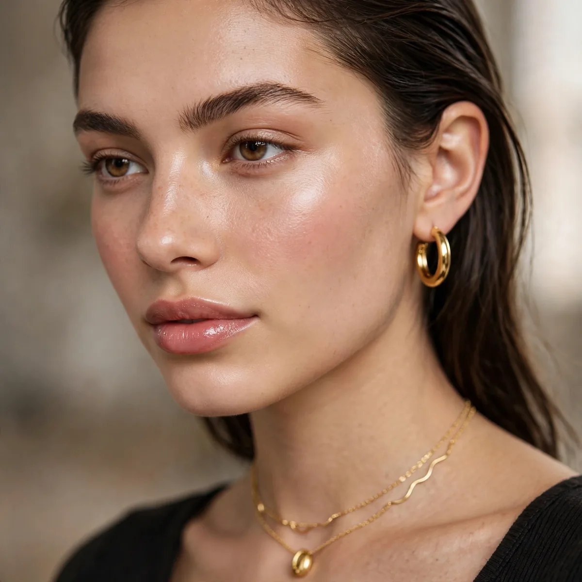 Gold jewelry with clean girl makeup