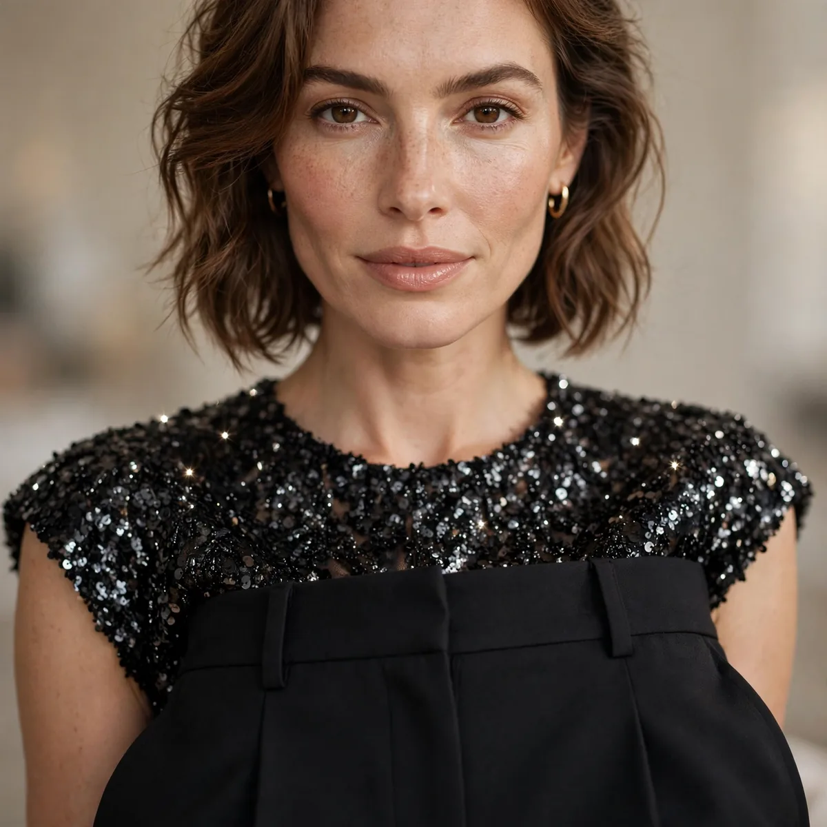 Sequin top with tailored trousers