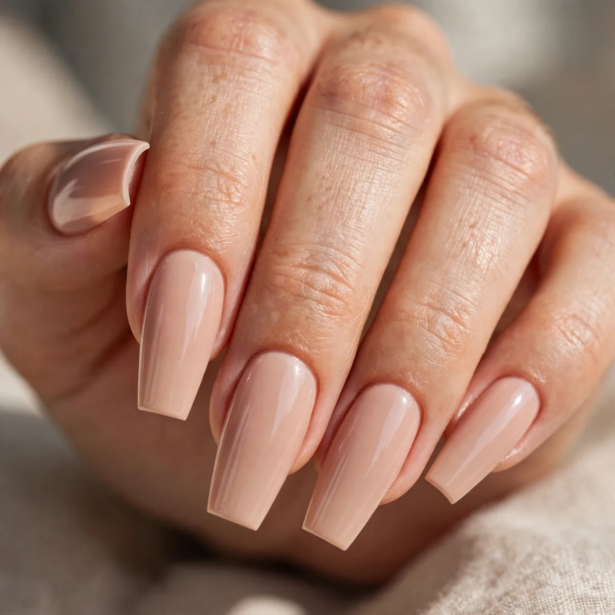 Nude polish on coffin-shaped nails