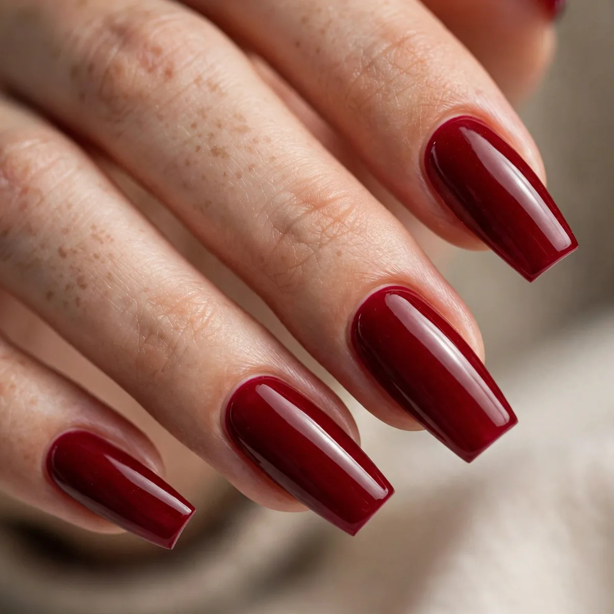 Deep red polish on coffin nails