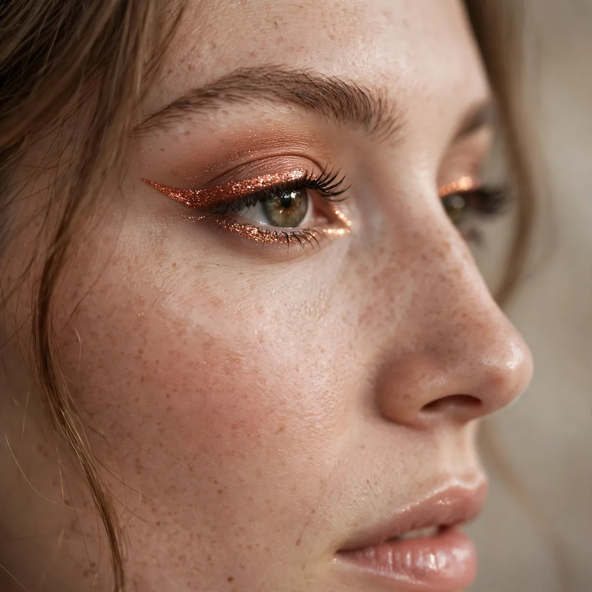 Copper shimmer eyeliner look