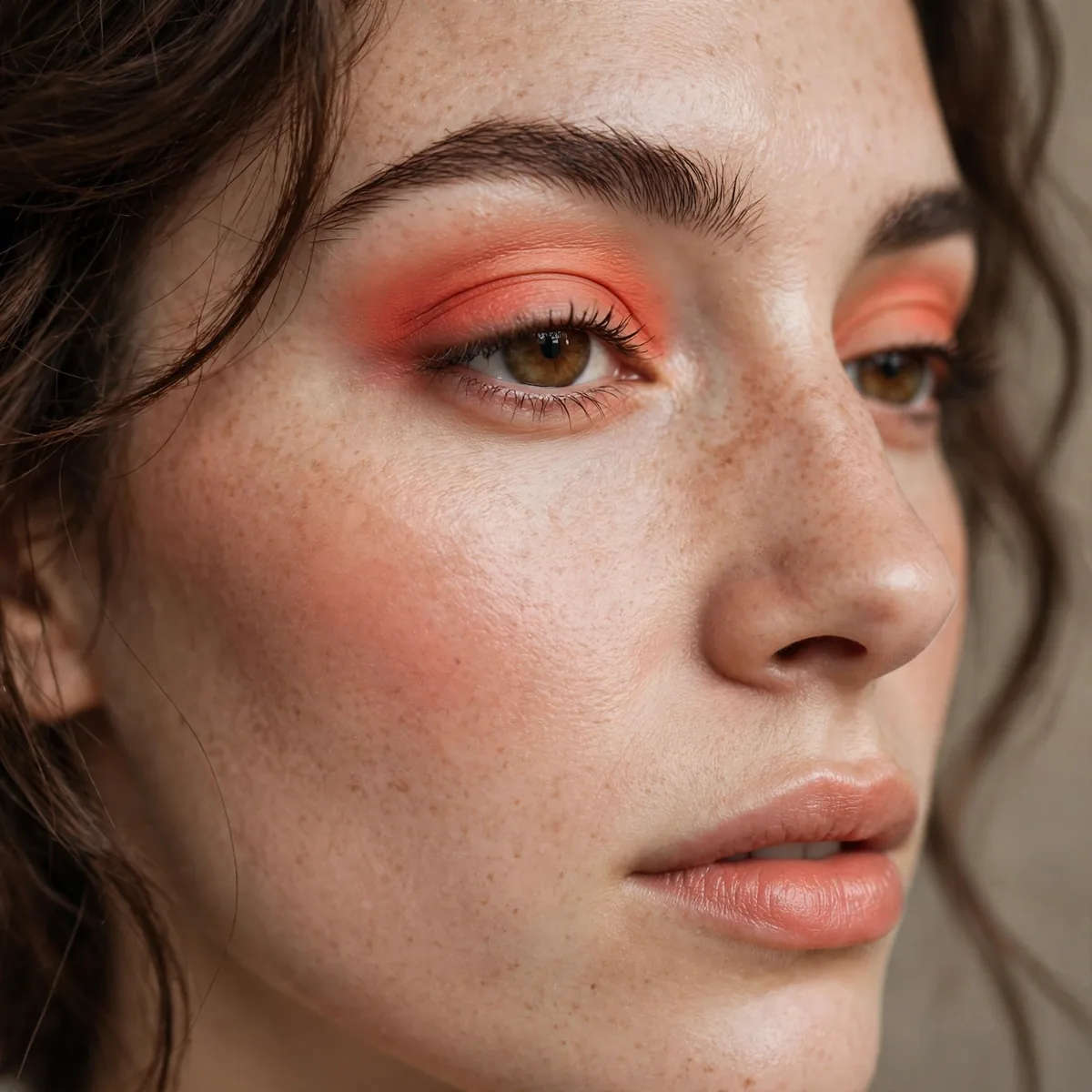 Woman with coral eyeshadow concentrated in the crease