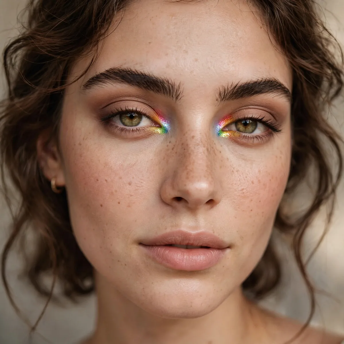 Woman with rainbow eyeshadow accent at the inner eye corners