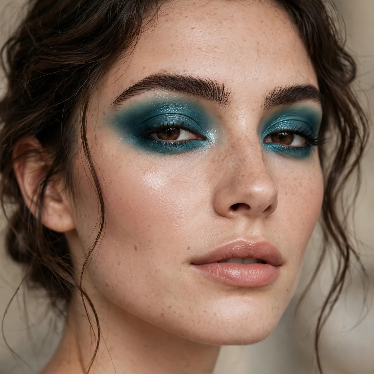 Woman with a teal smoky eyeshadow look