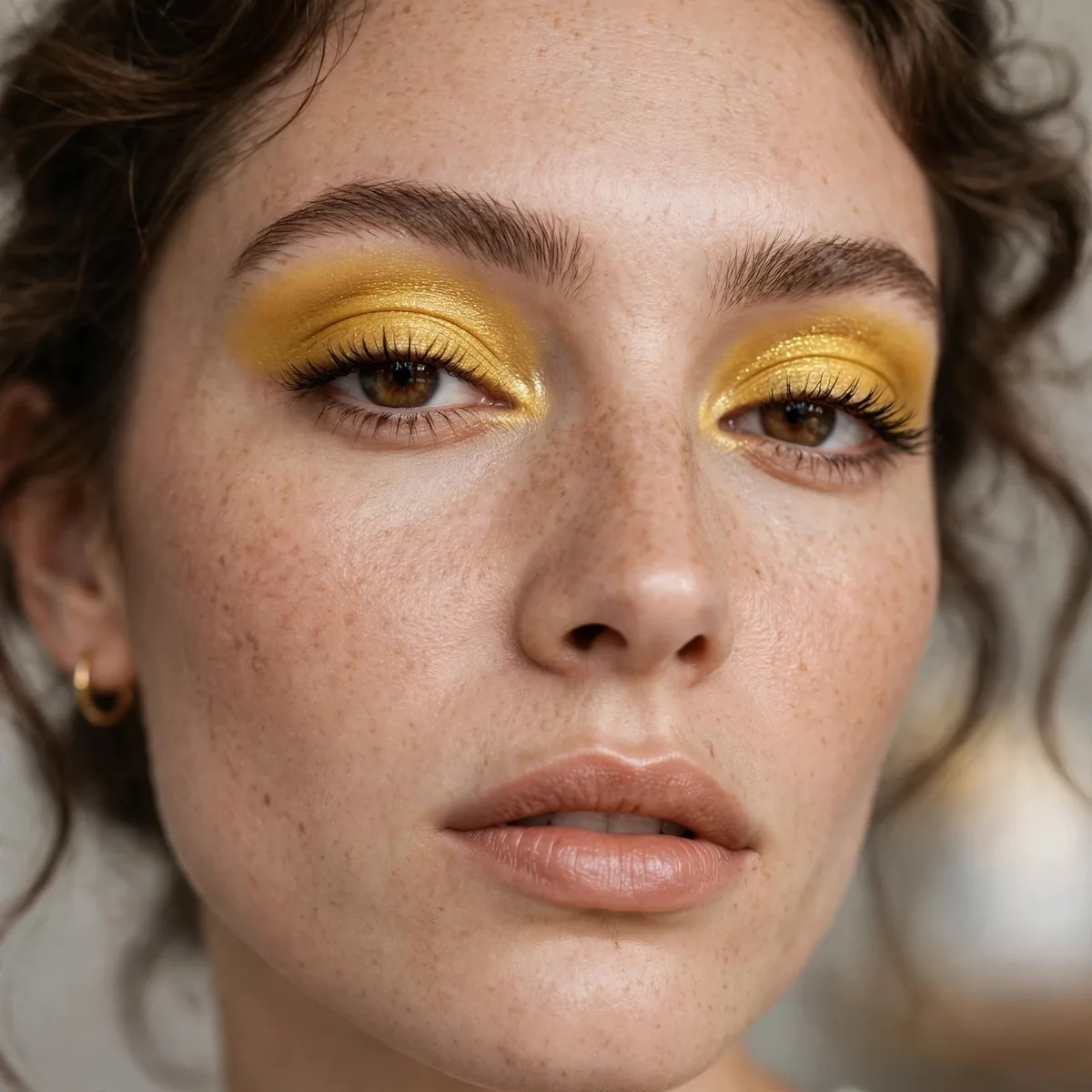 Woman with golden yellow eyeshadow on lids