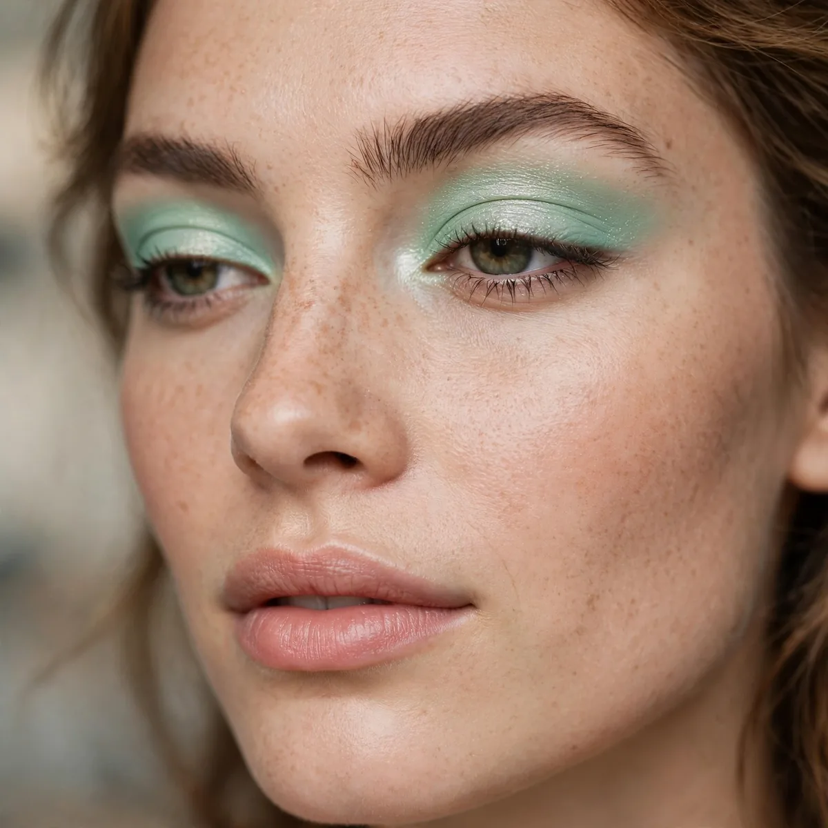 Woman with fresh mint green eyeshadow on lids