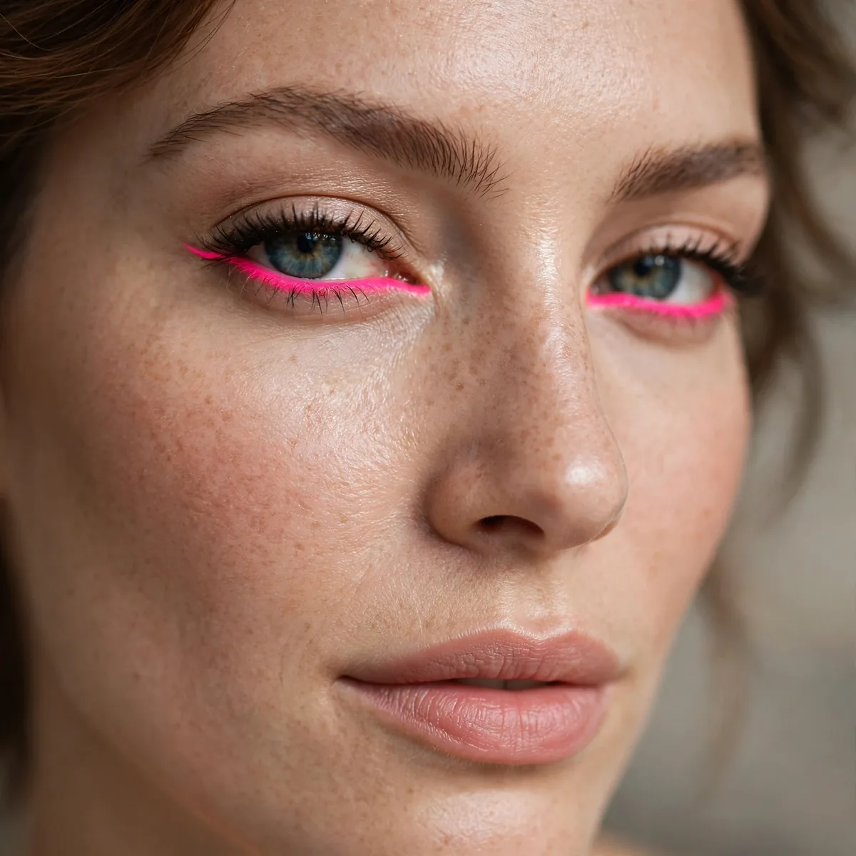 Woman with neon pink eyeliner along the lower lashline