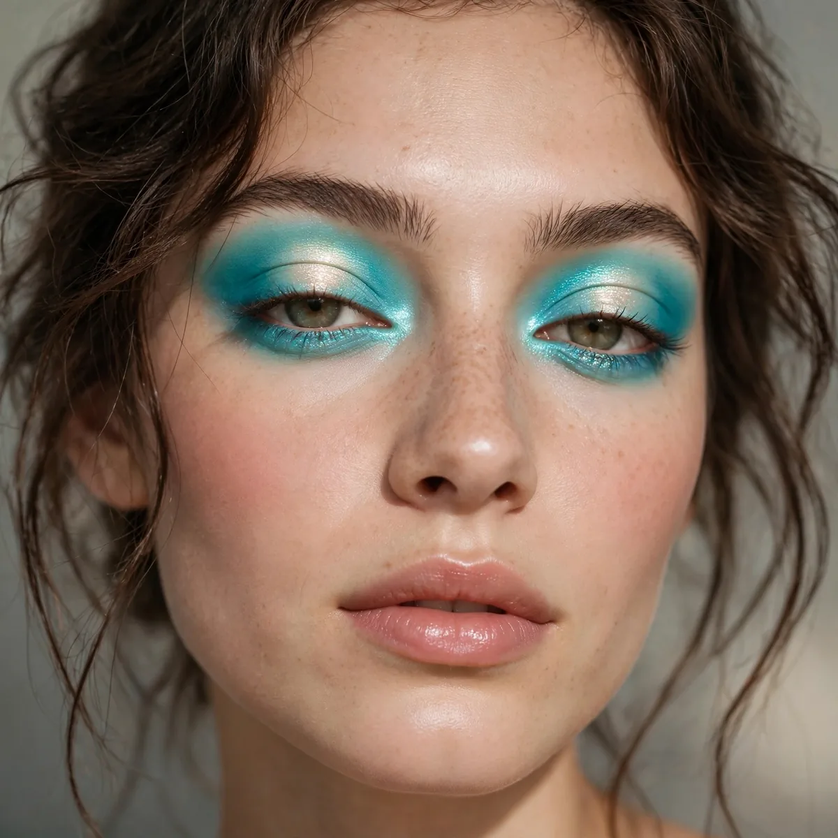 Woman with turquoise halo eyeshadow look