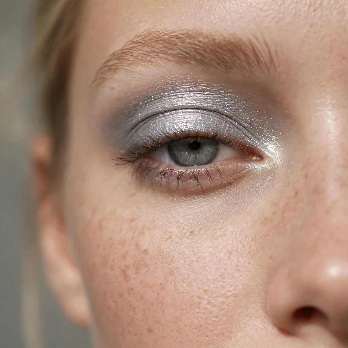 Silver eyeshadow lid on gray eyes