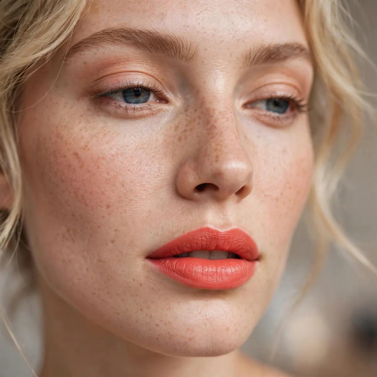 Coral lipstick on fair skin