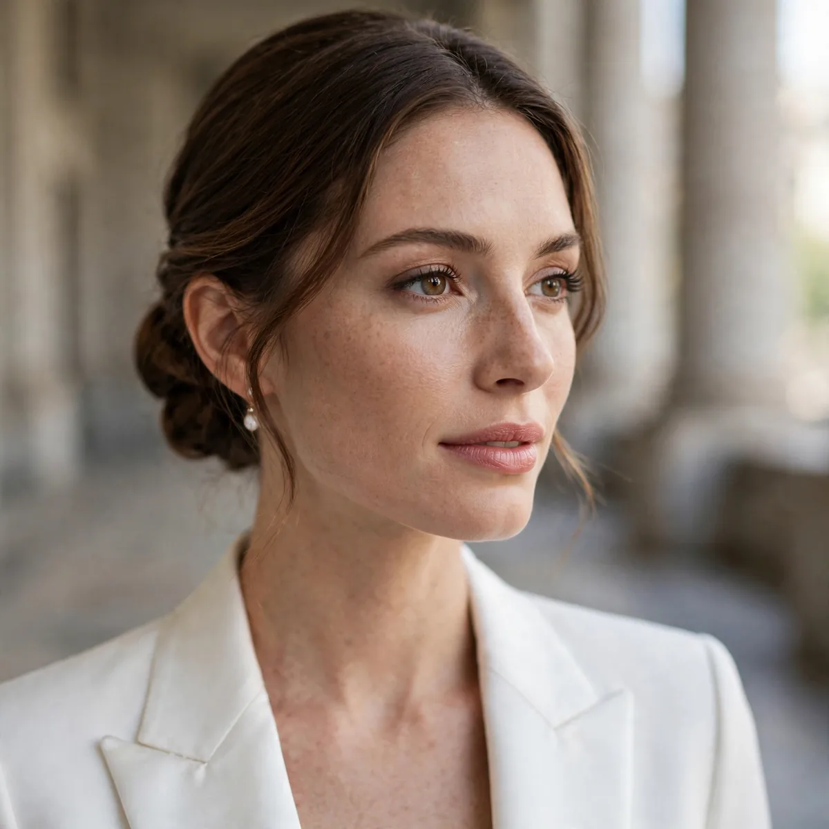 Bride in white suit courthouse