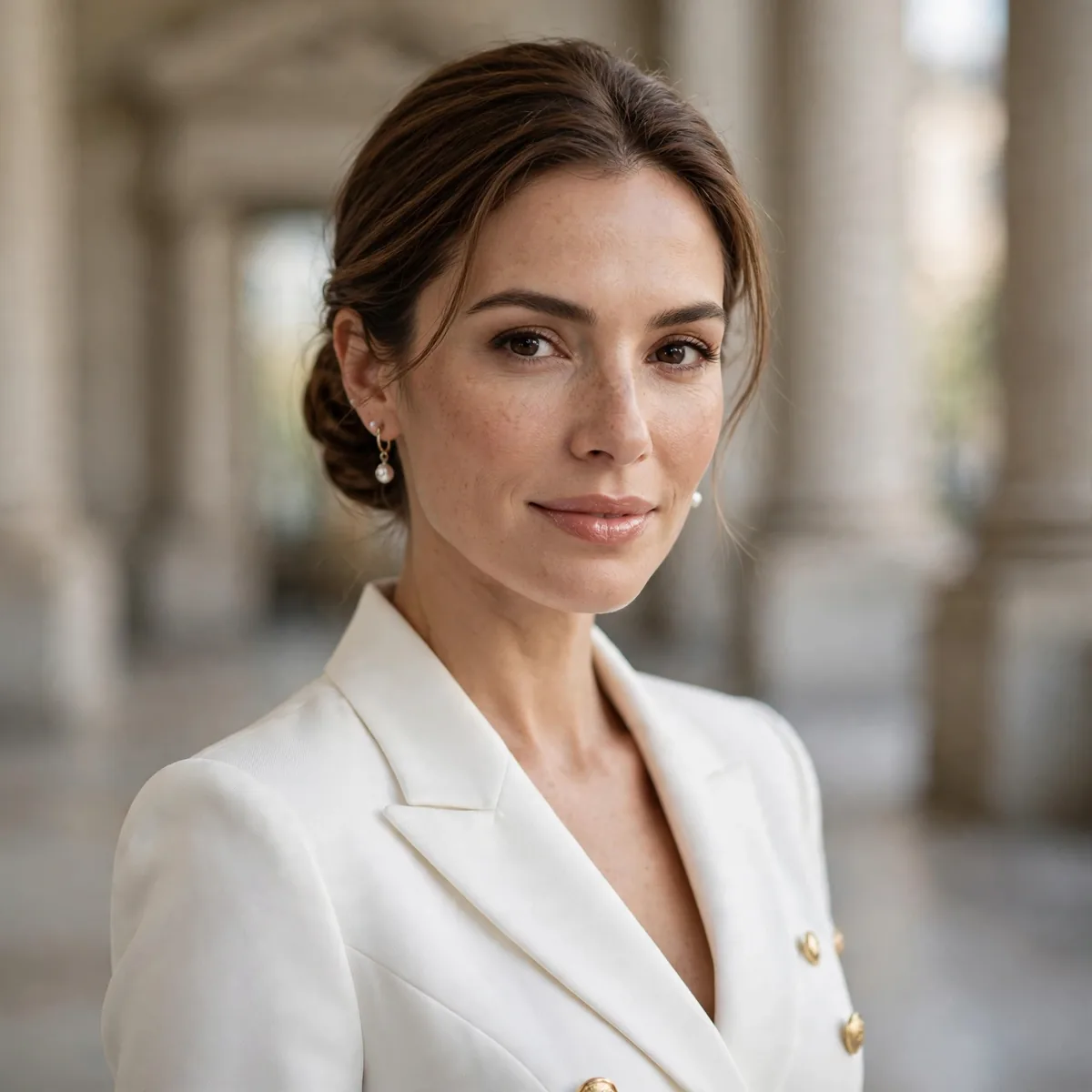 White blazer dress courthouse
