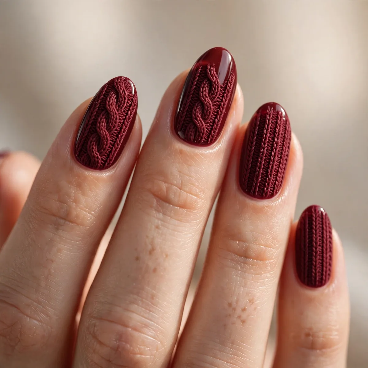 Burgundy knit sweater nail art