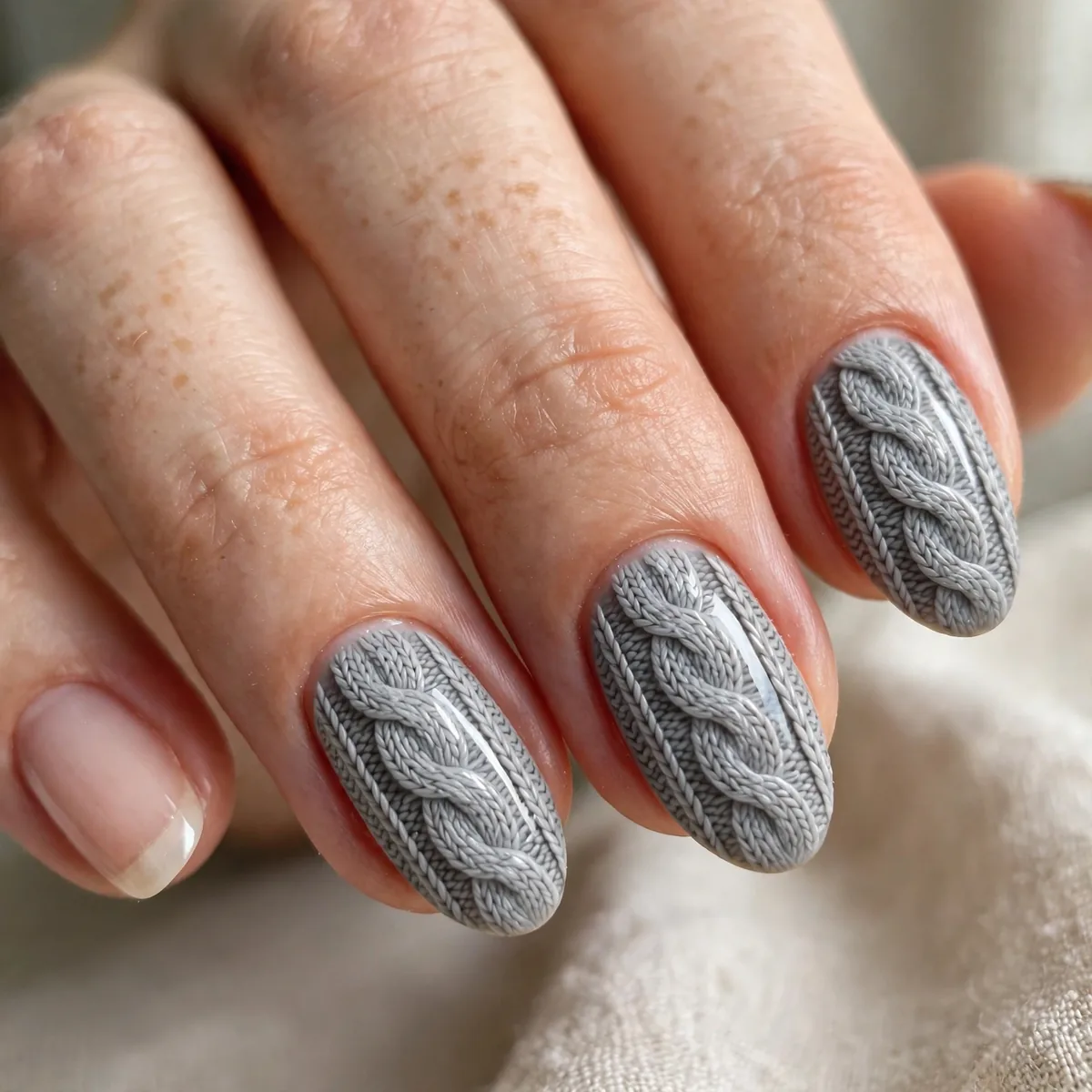 Grey cable knit modern nail art