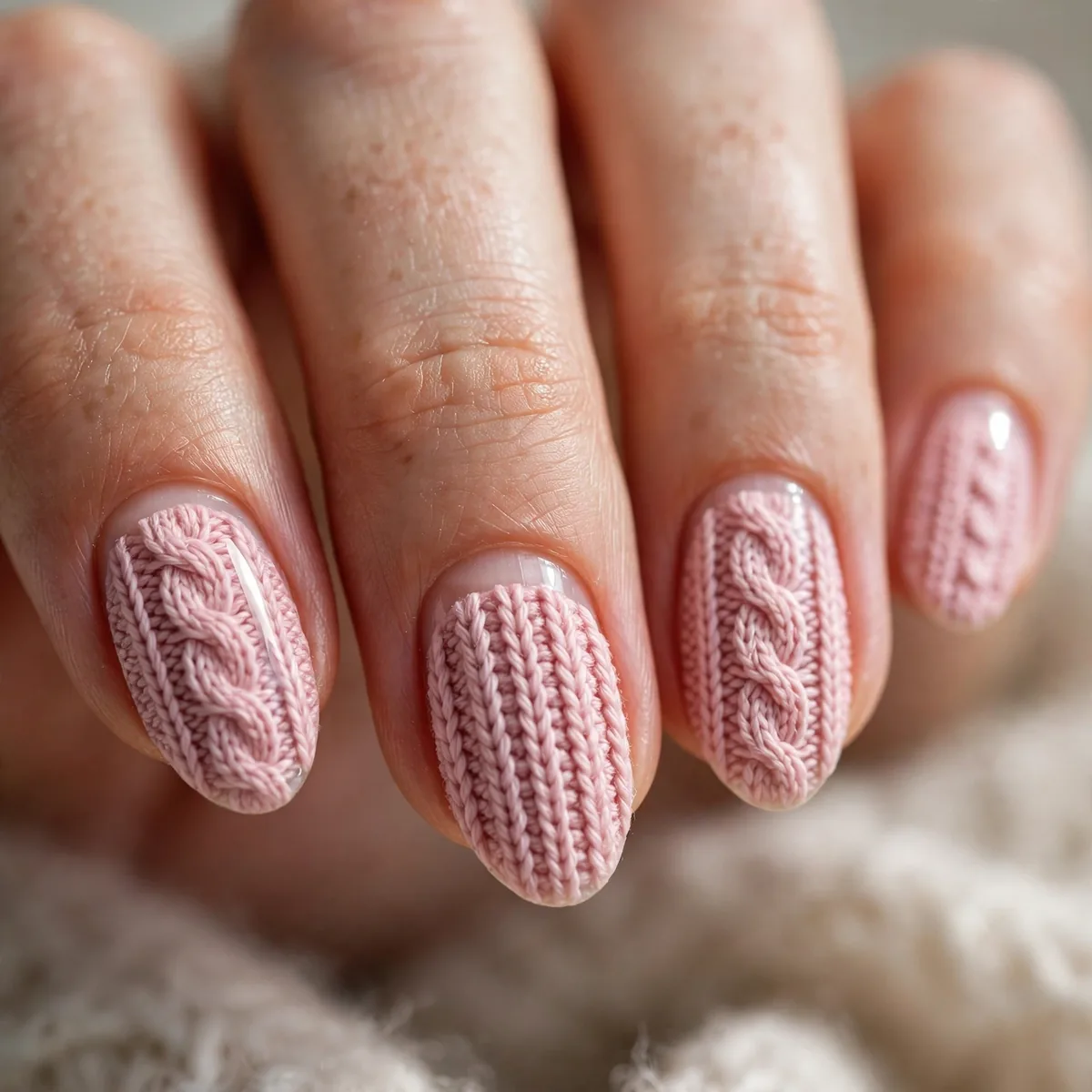 Pink cozy knit nail art