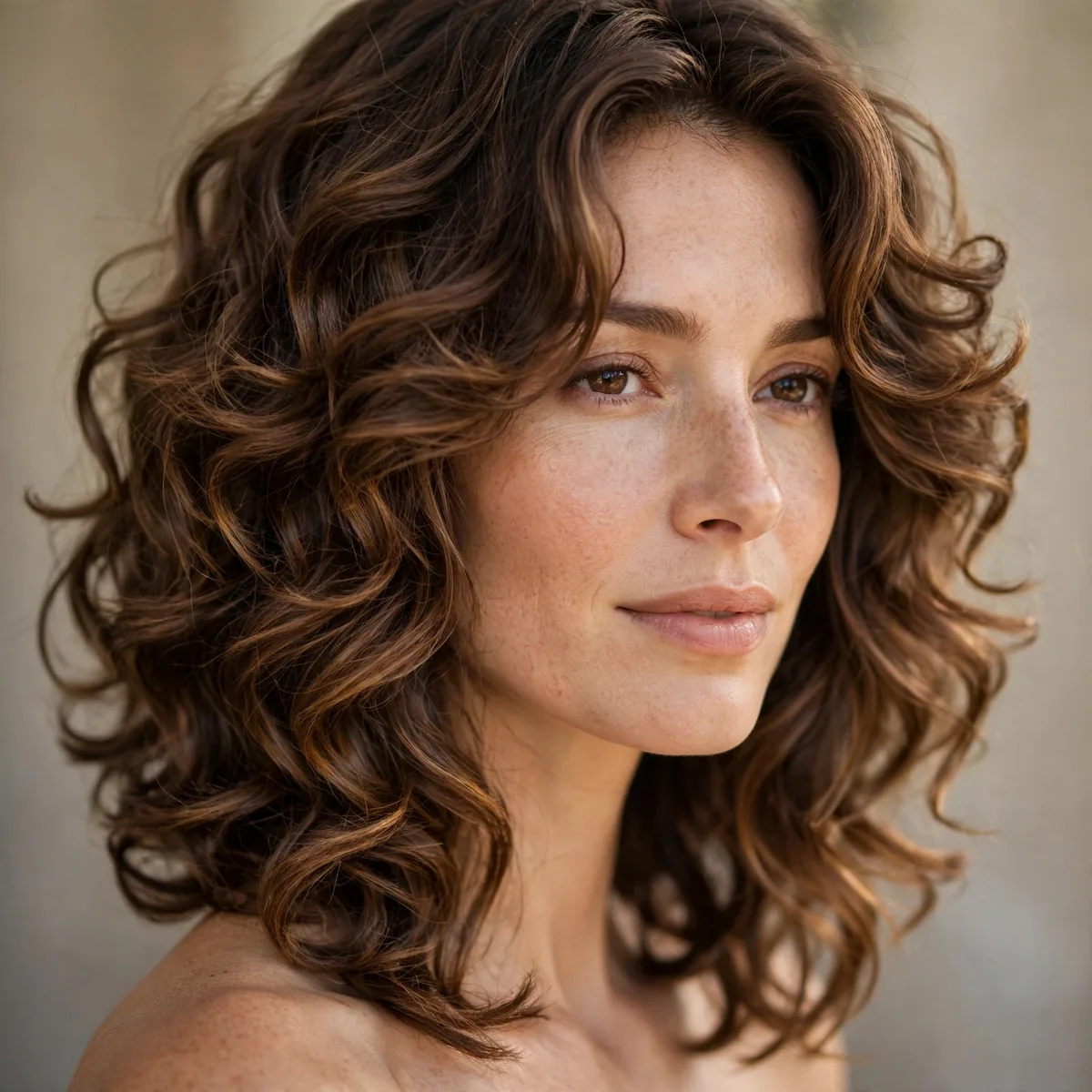 Curly bob with long layers showing curl definition