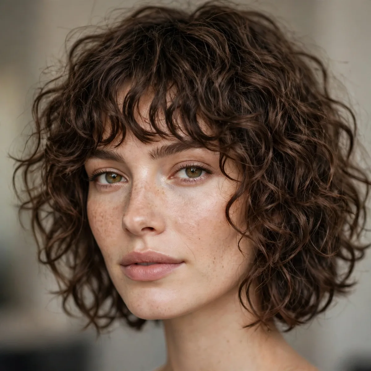 Curly shag bob with choppy layers and bangs