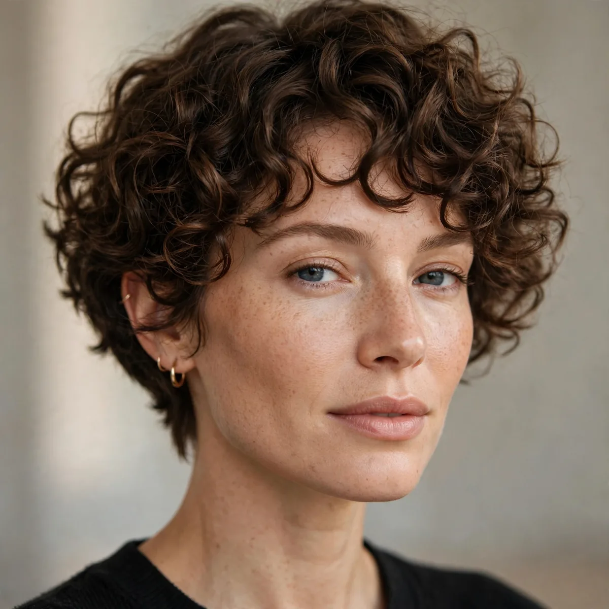Tapered curly bob shorter at the nape