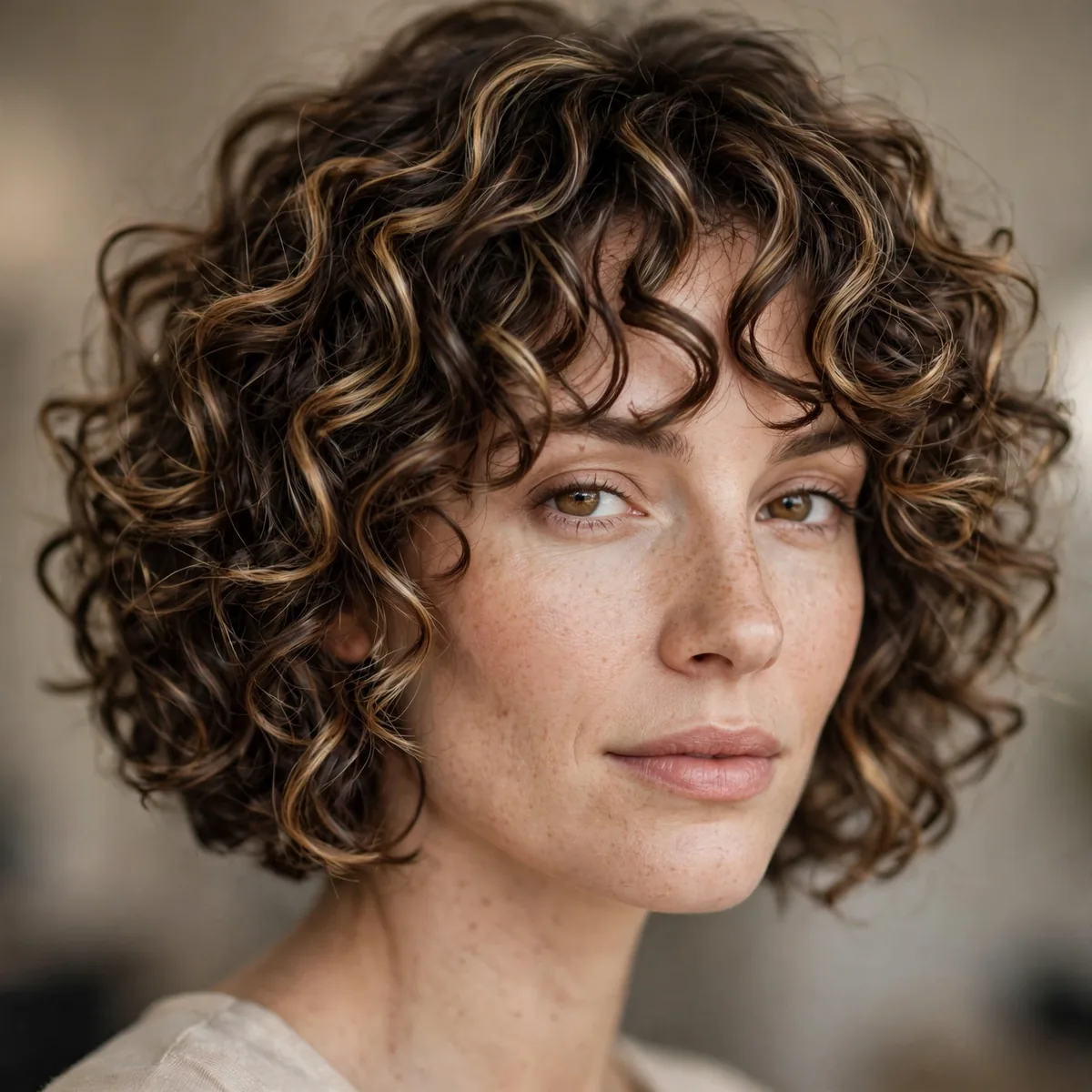 Curly bob with dimensional highlights on curls