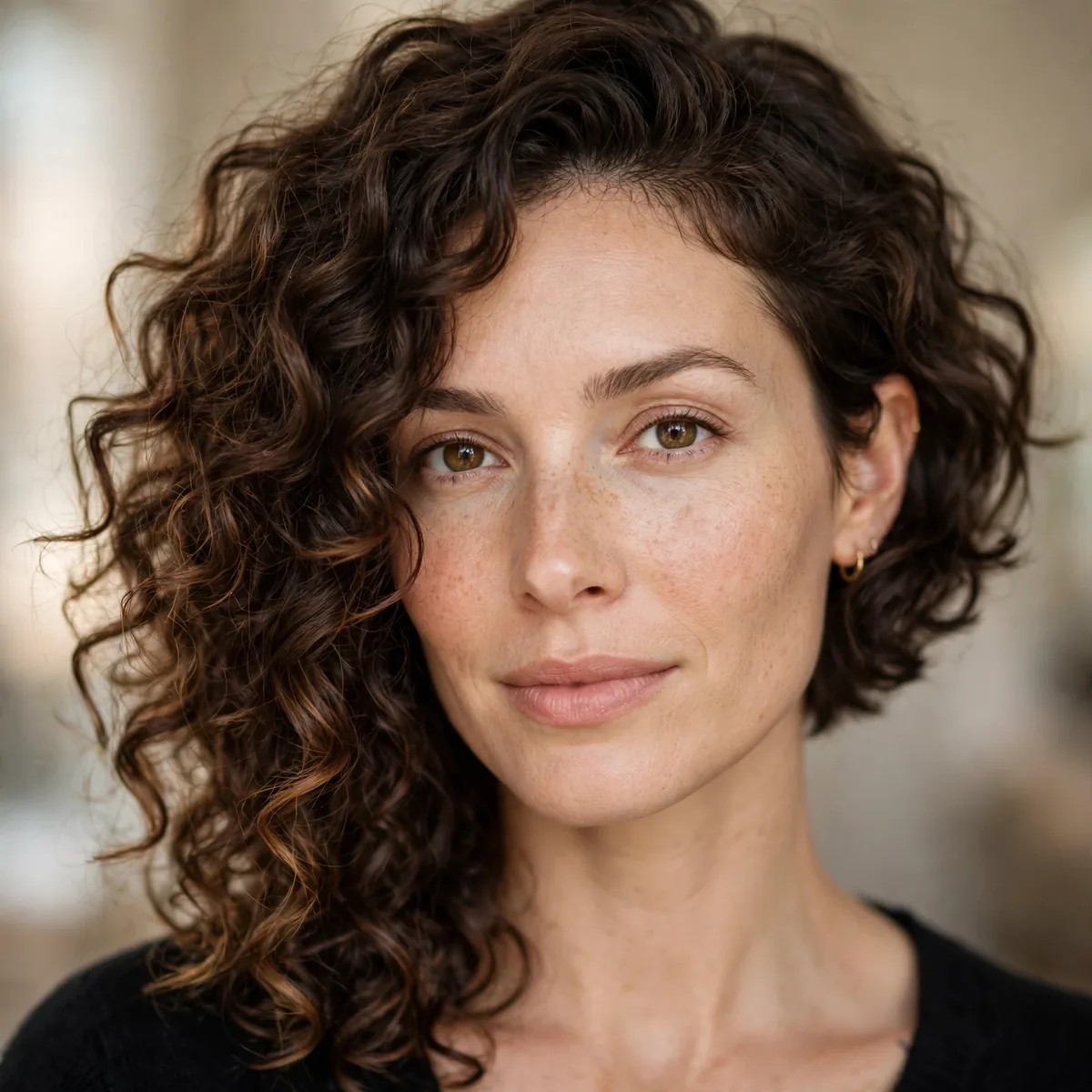 Asymmetric curly bob longer on one side