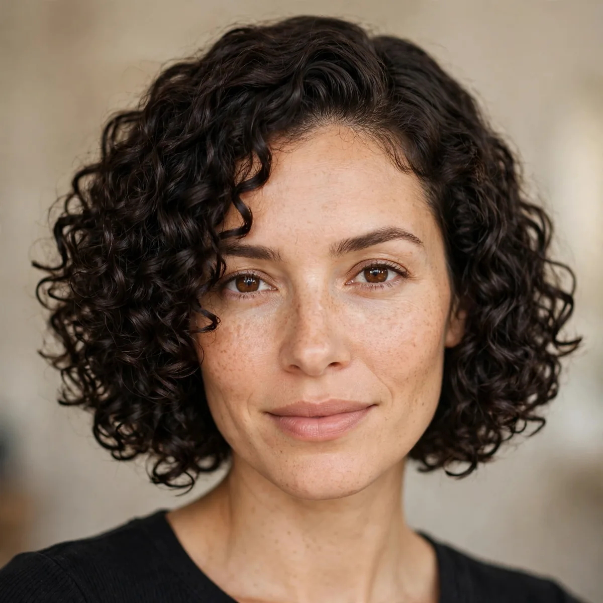 Chin length curly bob with tight defined curls