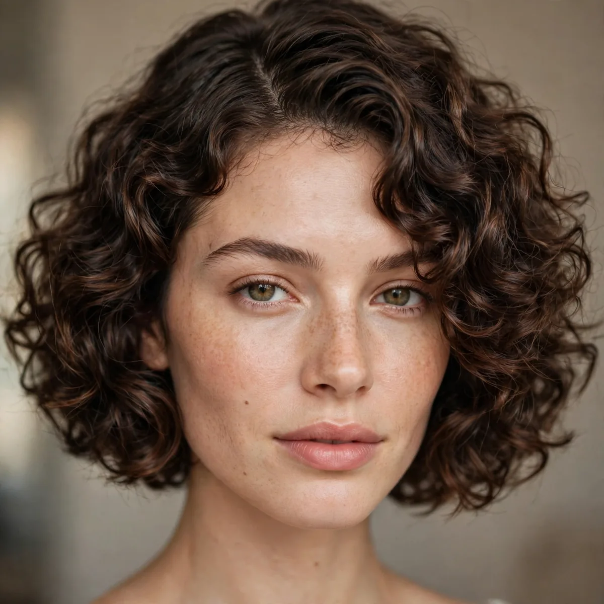 Curly bob styled with a side part