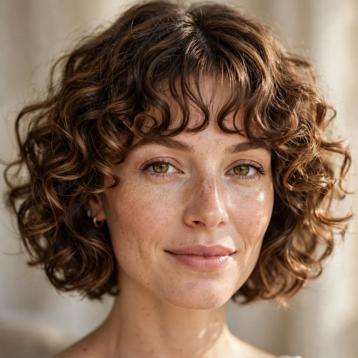 Curly bob with curly curtain bangs