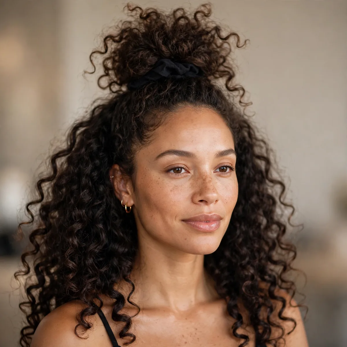 Half-up pineapple on curly hair
