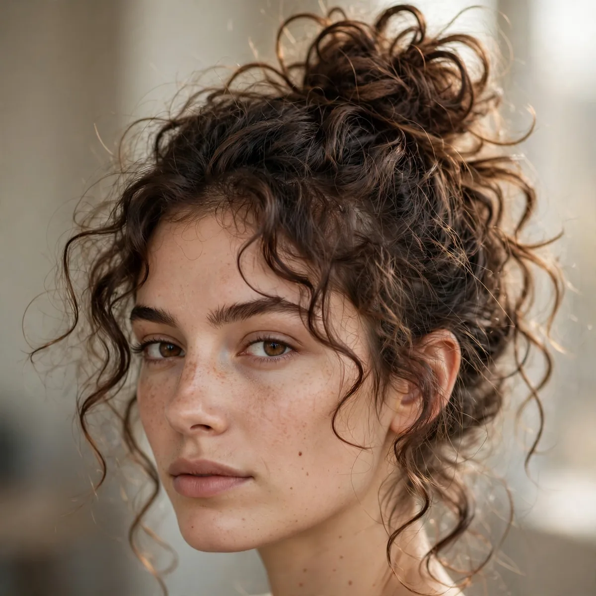 Messy topknot on curly hair