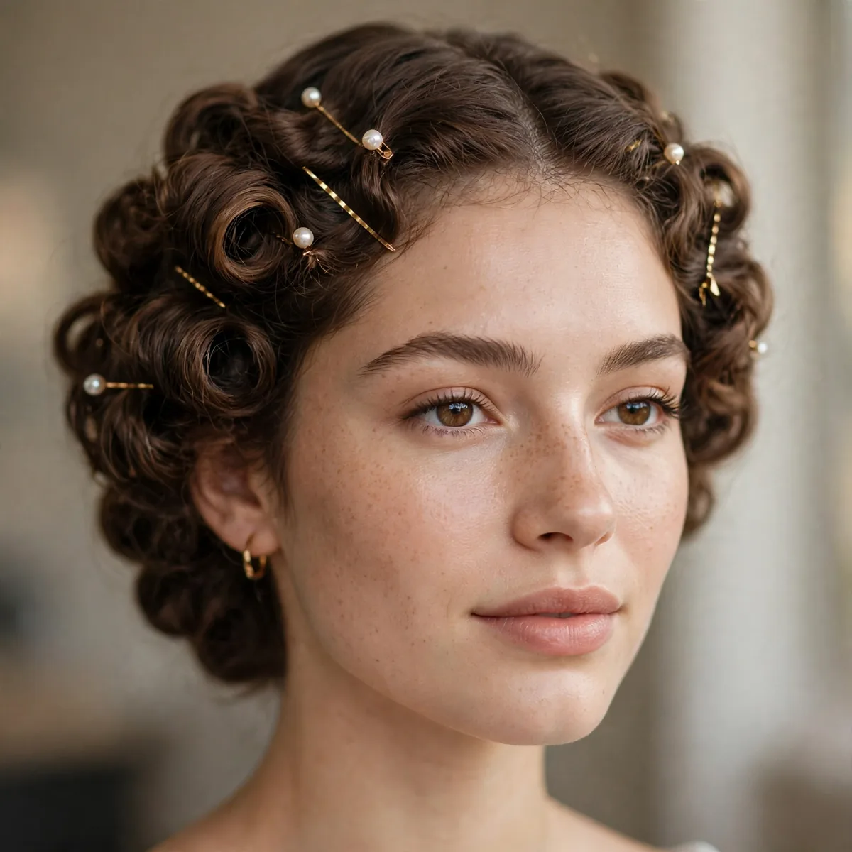 Curls pinned back from the face