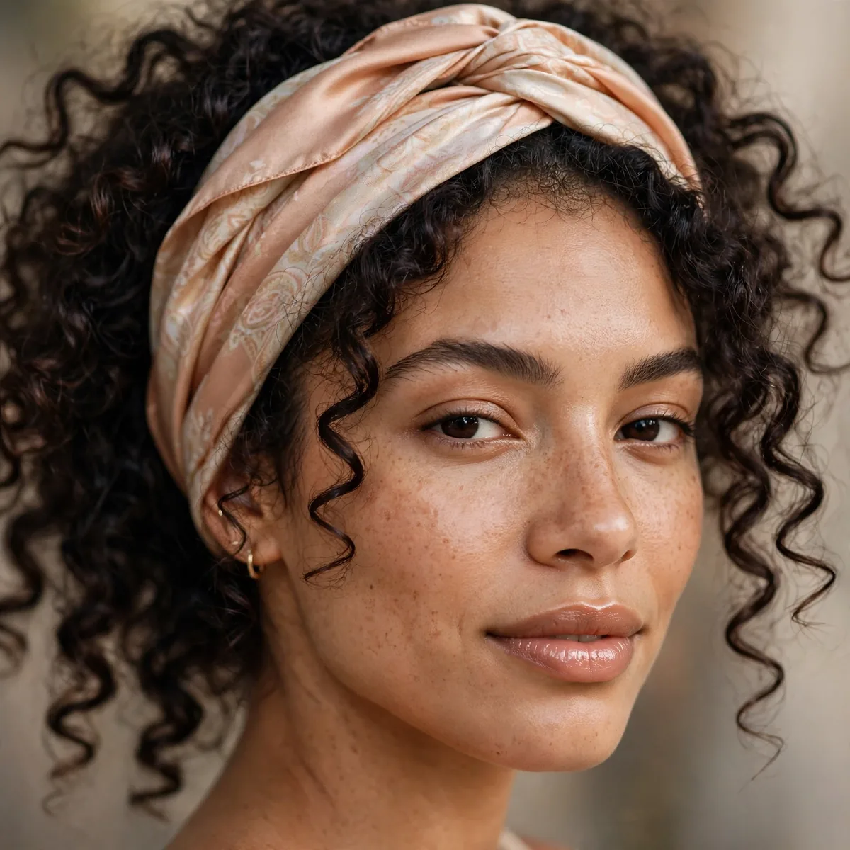 Curly hair with silk scarf headband