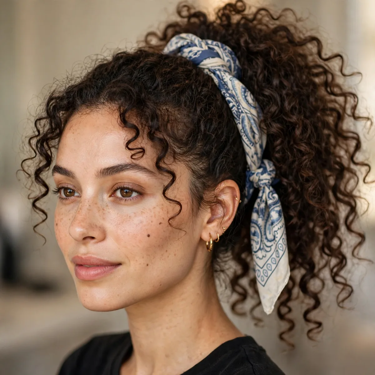 Curly ponytail with bandana