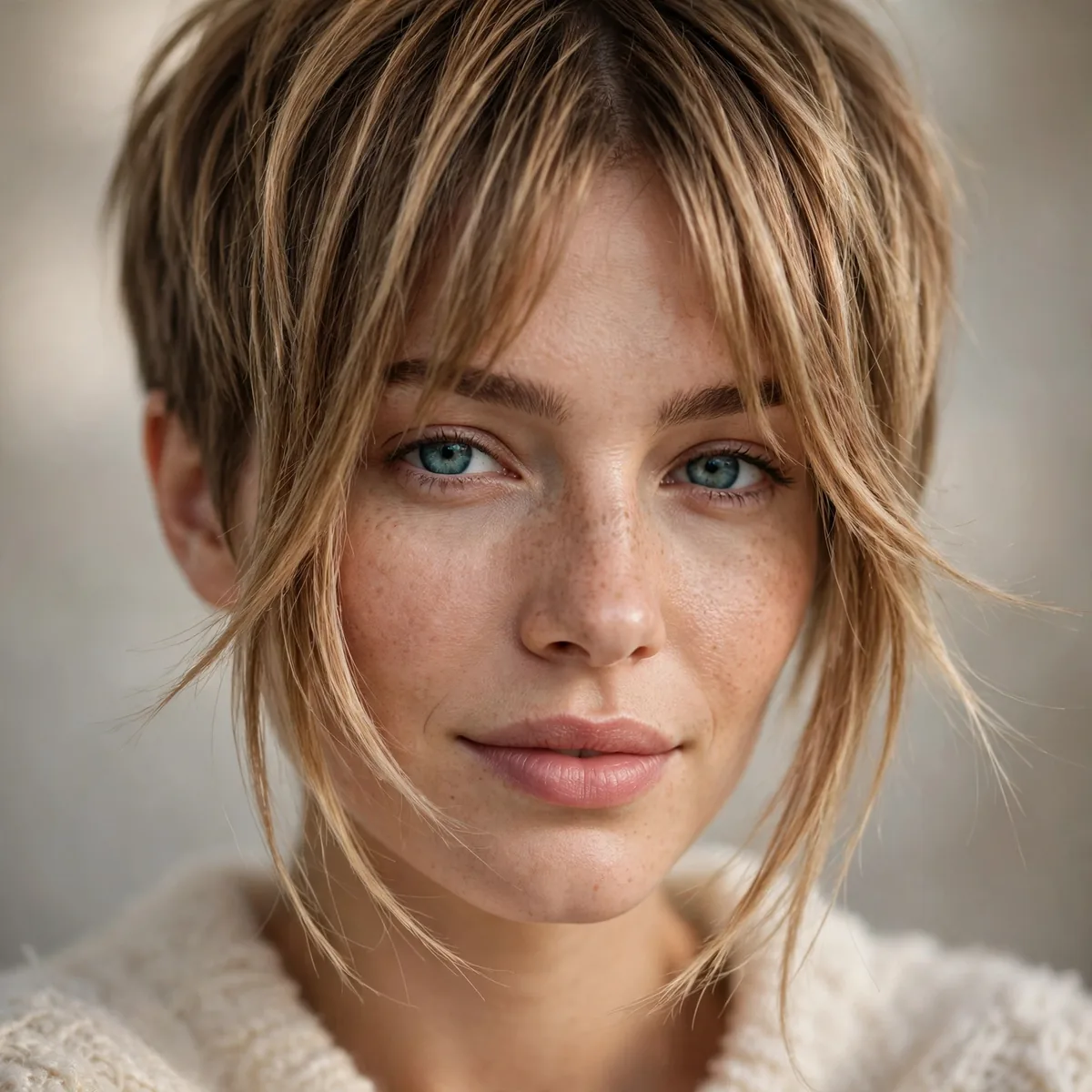 Pixie haircut with long curtain fringe