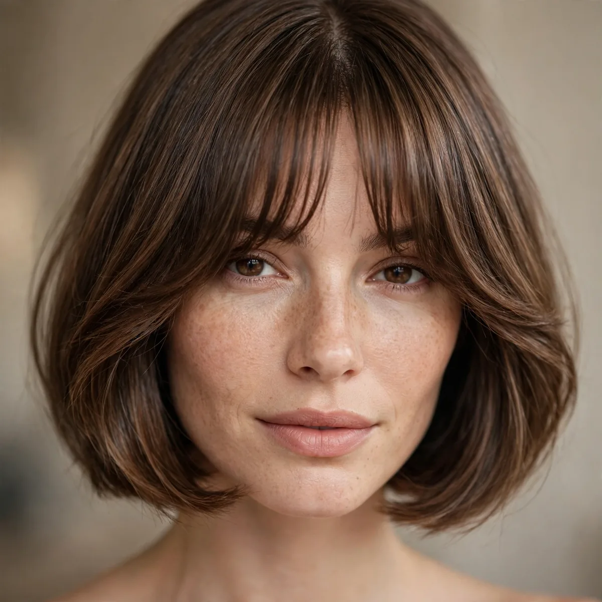 Chin-length bob haircut with curtain bangs