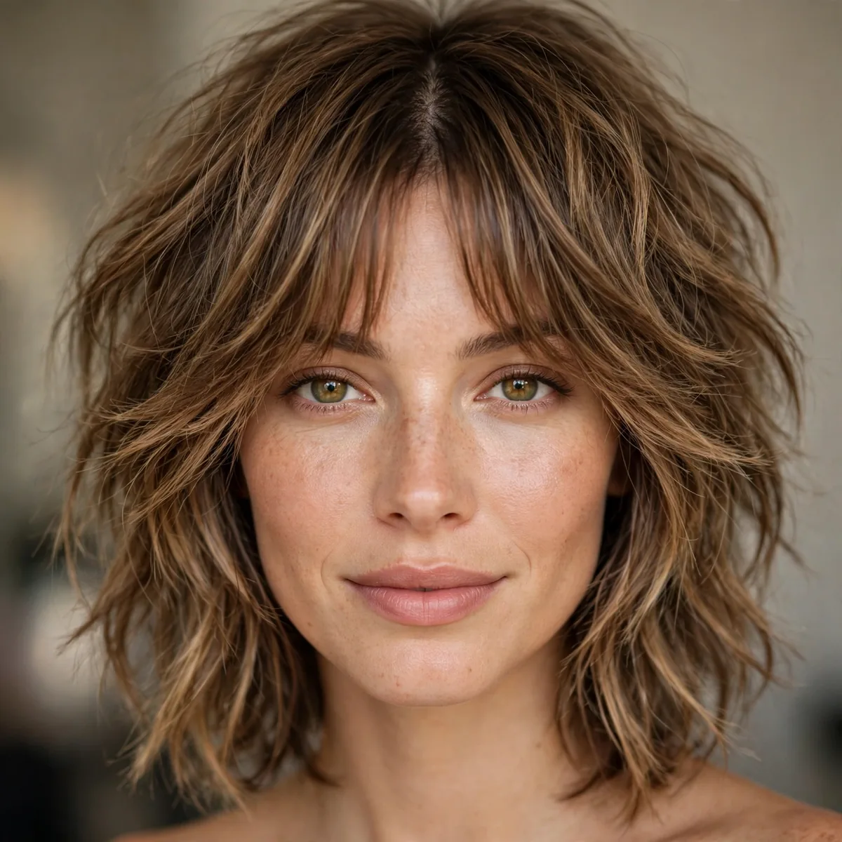 Shaggy lob haircut with curtain bangs and texture