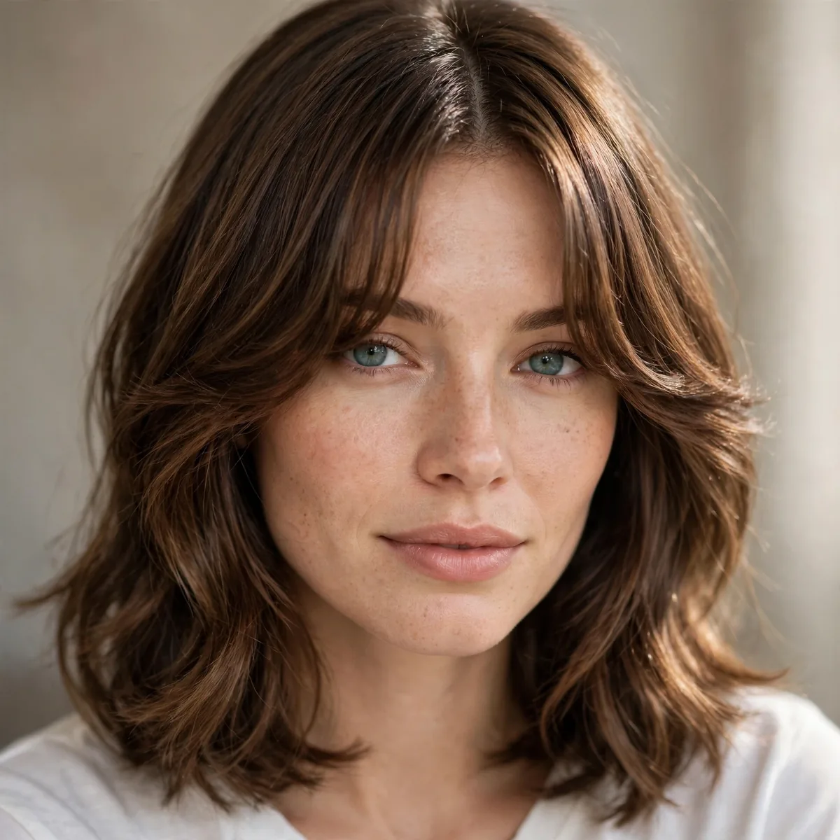 Shoulder-length haircut with curtain bangs
