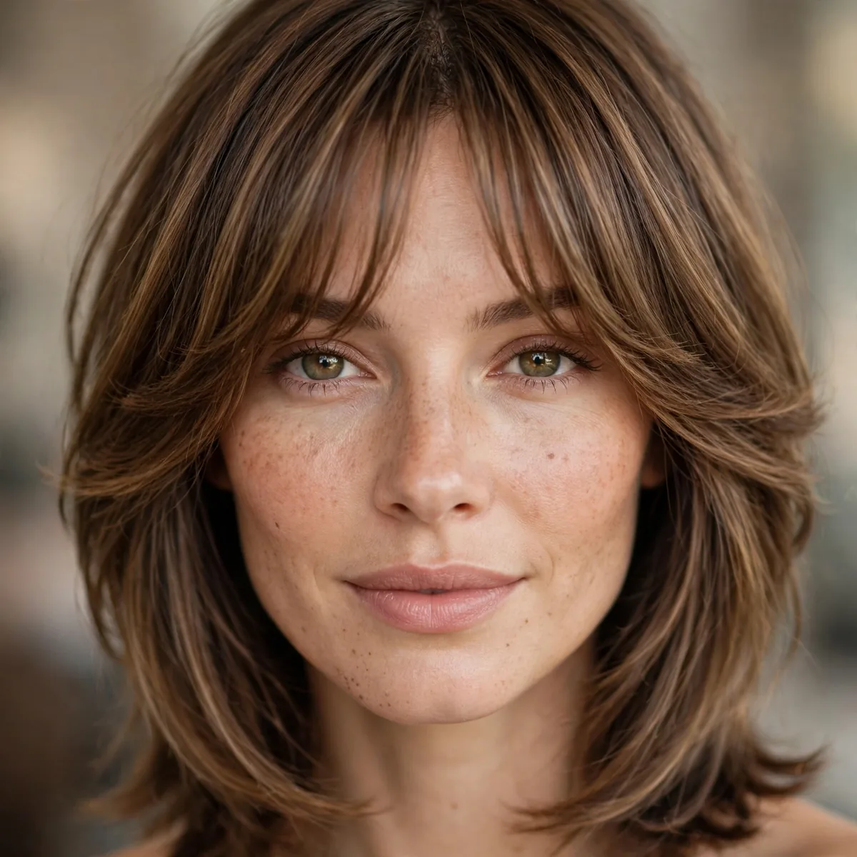 Layered mid-length haircut with curtain bangs