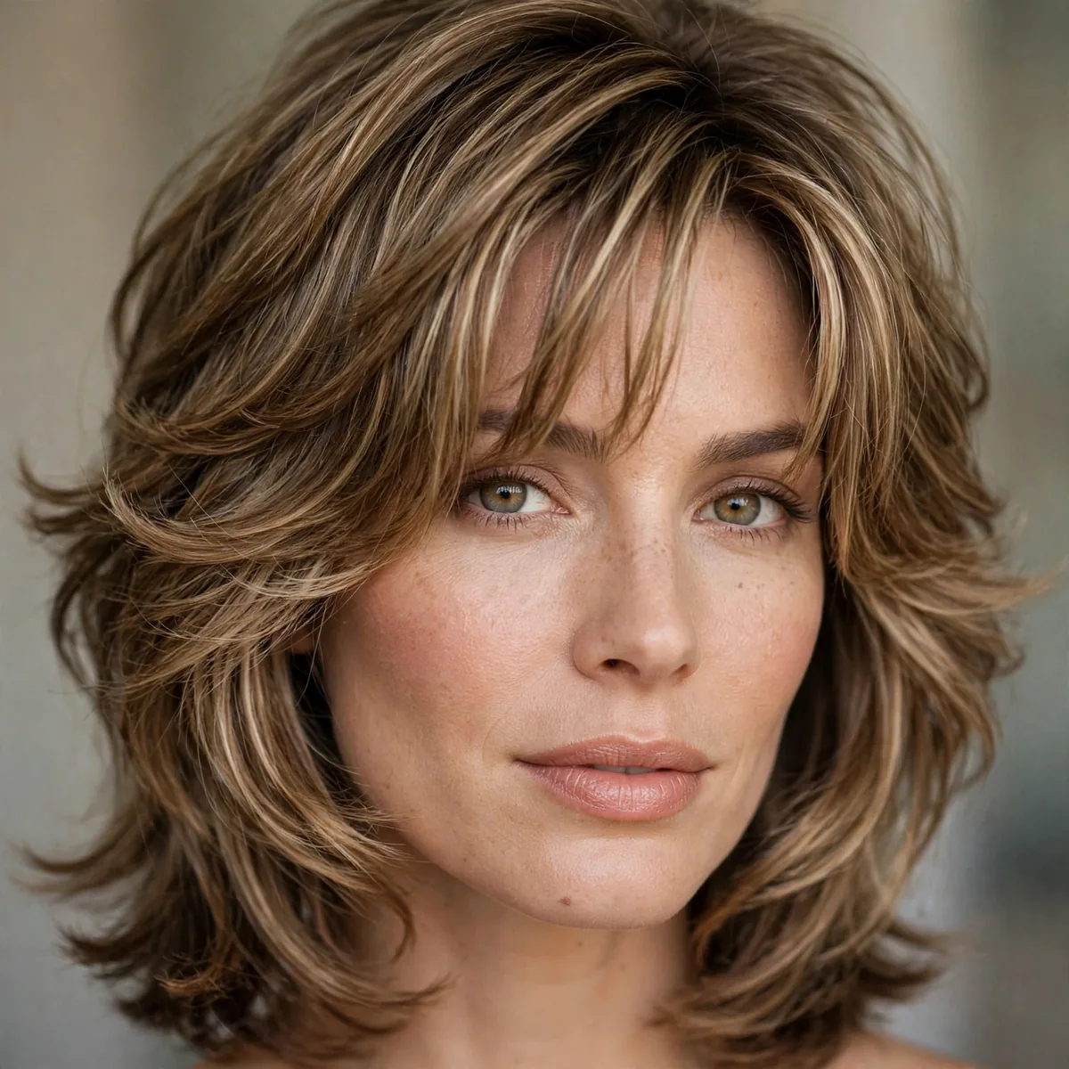 Nineties-inspired layered haircut with curtain bangs