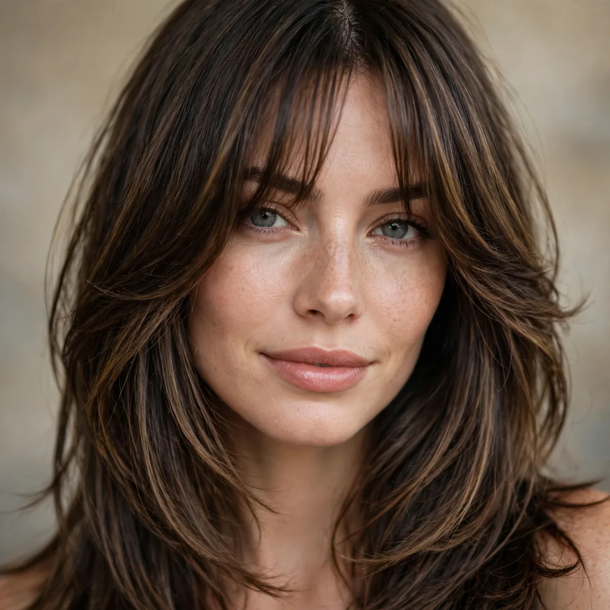 Long layered haircut with curtain bangs