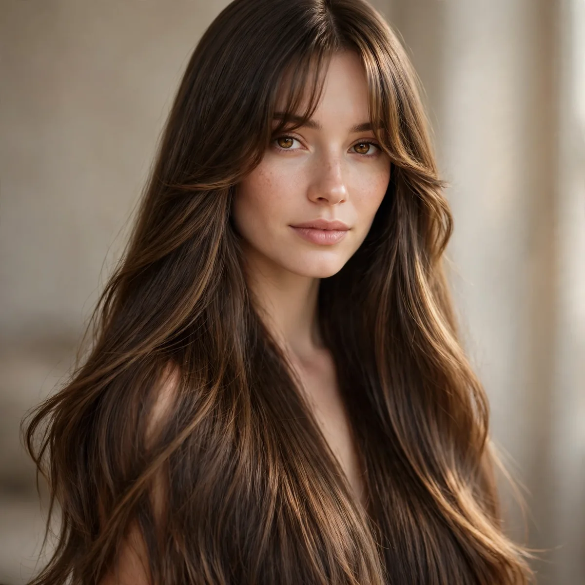 Waist-length hair with curtain bangs