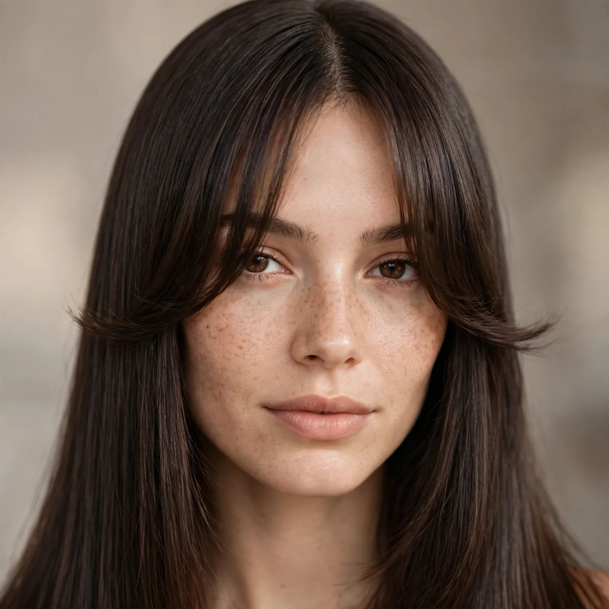 Straight hair with sleek curtain bangs