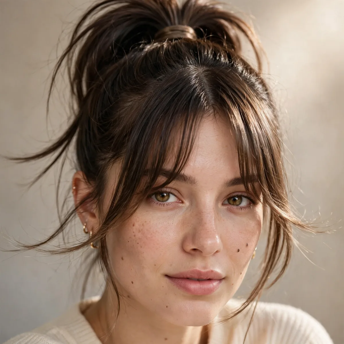 High ponytail hairstyle with curtain bangs