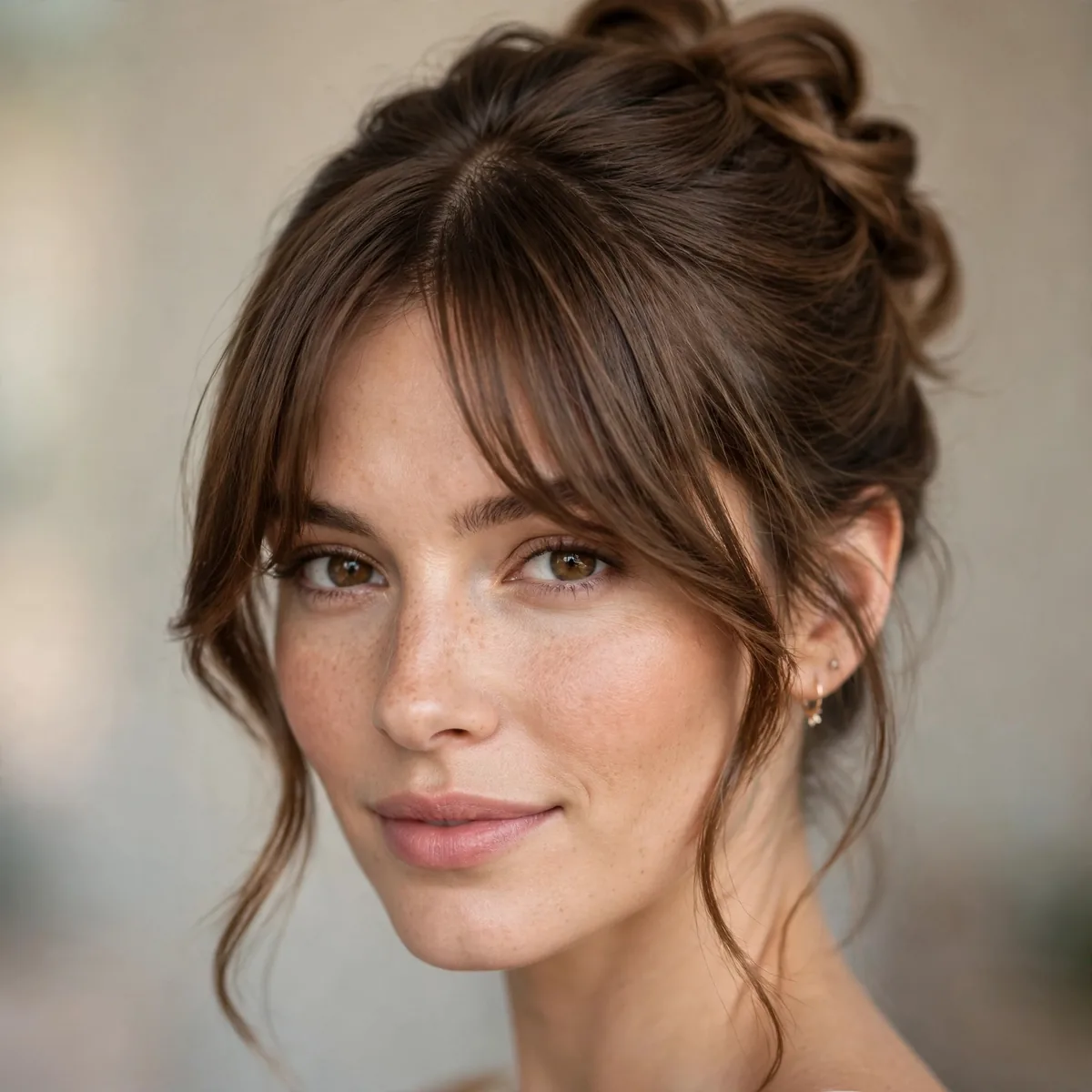 Elegant updo hairstyle with curtain bangs