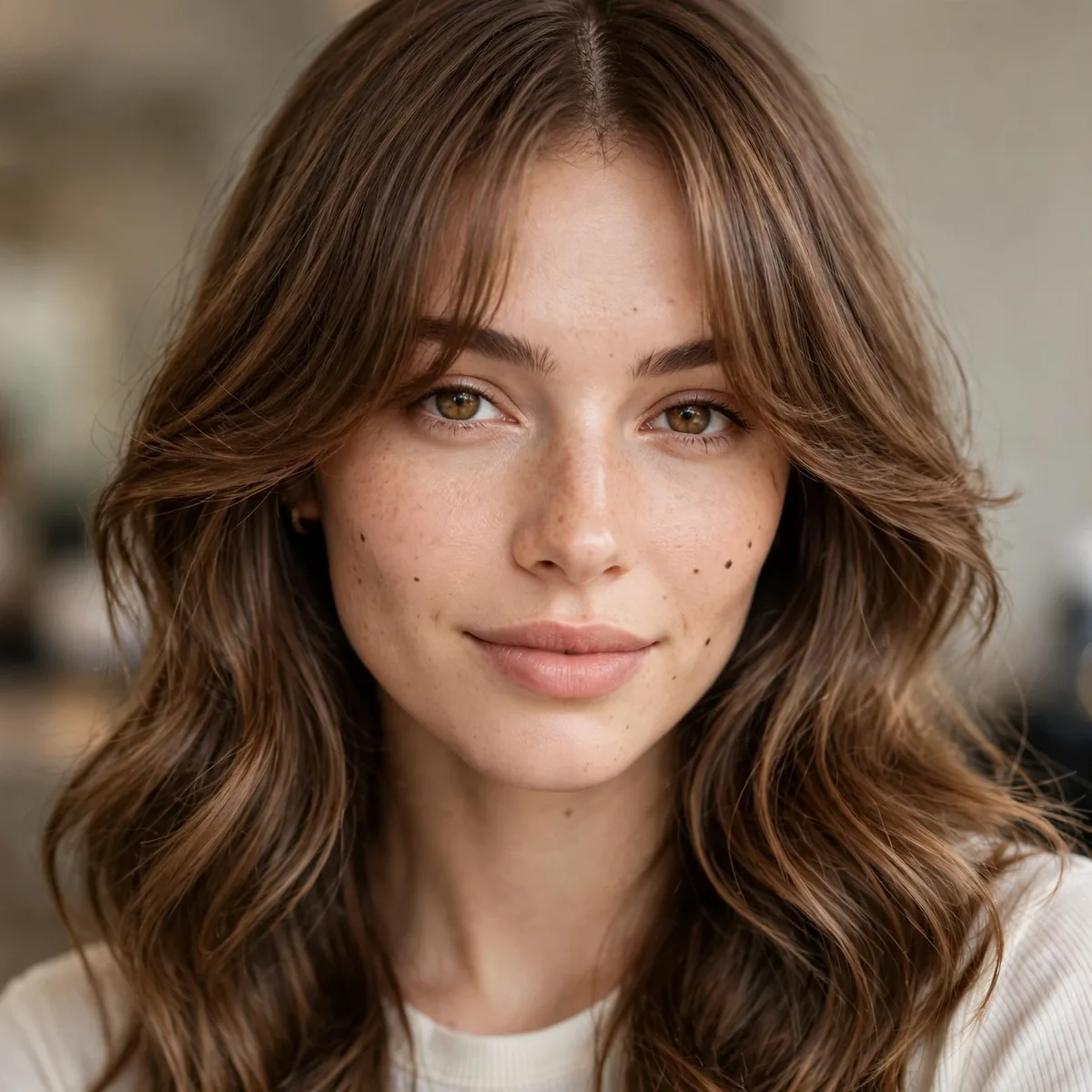 Curtain bangs flattering a heart-shaped face